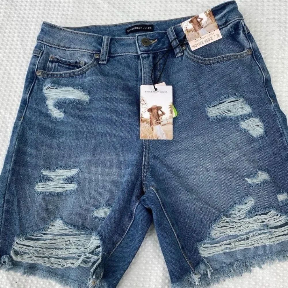 Distressed Denim Shorts High Rise Sincerely Jules Wedge Raw Hem 7/28